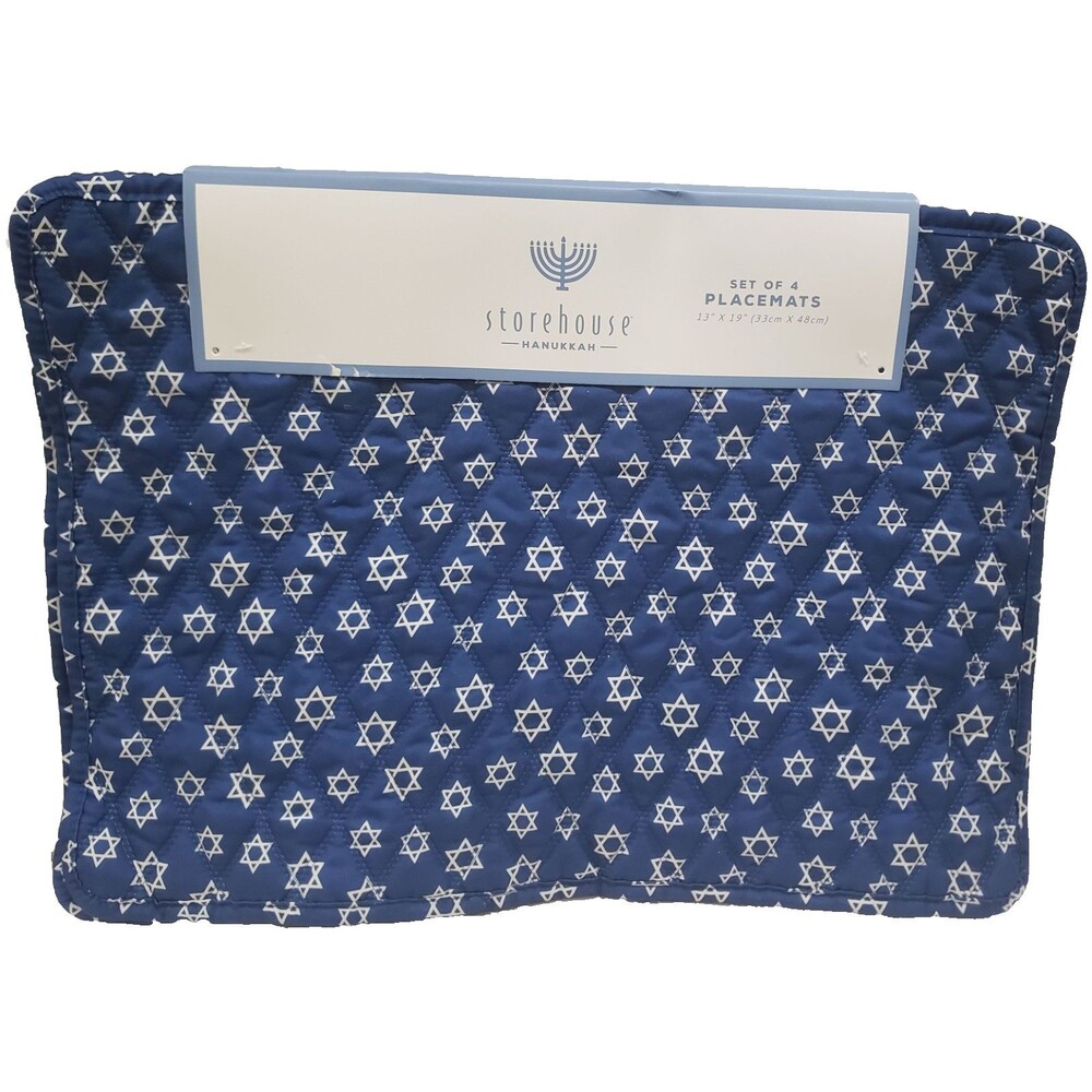Set of 4 Fabric Placemats (13"x19") HANUKKAH JEWISH STARS ON BLUE, Storehouse